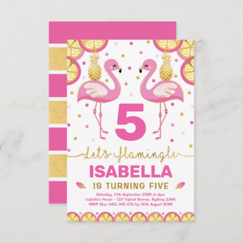Hot Pink Gold Flamingo Tropical Summer Birthday Invitation