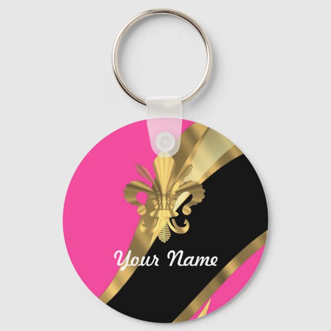 Hot pink & gold fleur de lys keychain (Front)