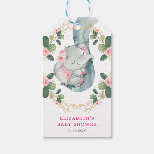 Hot Pink Gold Floral Greenery Elephant Baby Shower Gift Tags