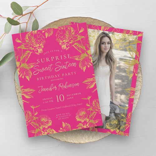 Hot Pink  Gold Floral Photo SURPRISE Sweet 16   Invitation