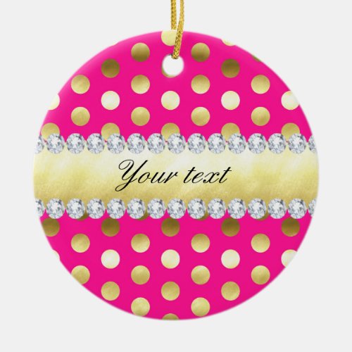 Hot Pink Gold Foil Polka Dots Diamonds Ceramic Ornament
