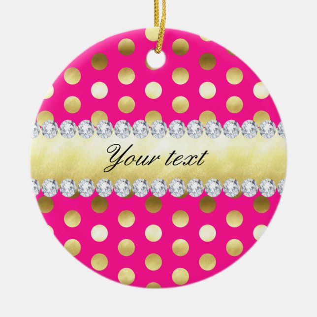 Hot Pink Gold Foil Polka Dots Diamonds Ceramic Ornament (Front)