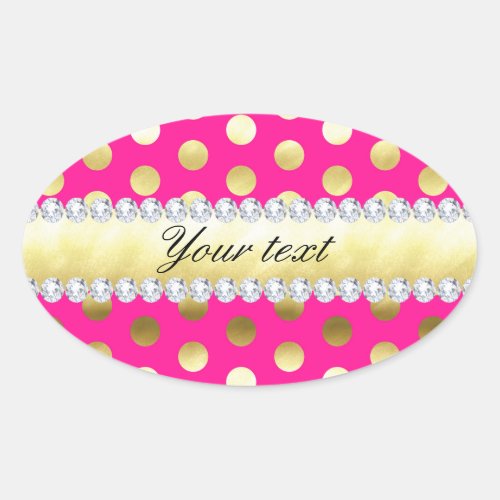 Hot Pink Gold Foil Polka Dots Diamonds Oval Sticker