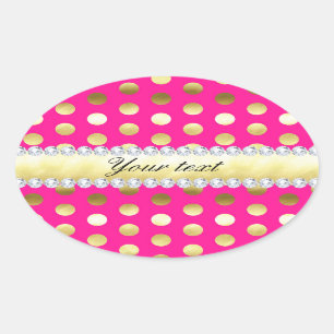 Hot Pink Gold Foil Polka Dots Diamonds Oval Sticker