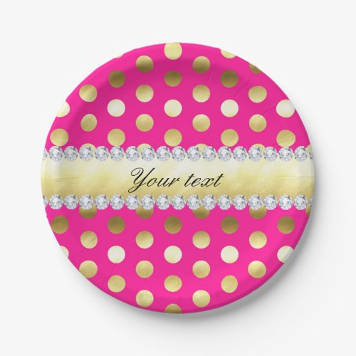 Hot Pink Gold Foil Polka Dots Diamonds Paper Plates
