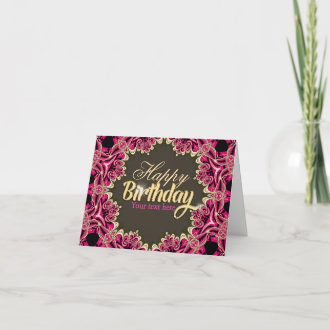 Hot Pink + Gold Fractal Lace Star Birthday card (Front)