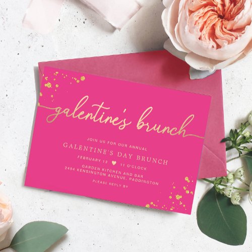 Hot Pink Gold Galentines Day Brunch Invitation