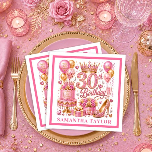 Hot Pink Gold Glitter 30th Birthday Napkins
