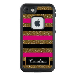 Hot Pink, Gold Glitter, and Black  Stripes LifeProof FRĒ iPhone 7 Case