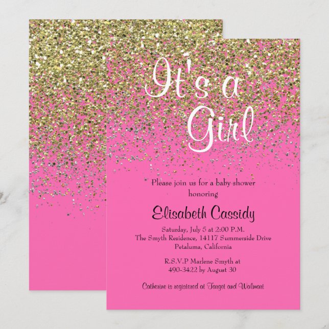 Hot Pink & Gold Glitter  Baby Shower Invite (Front/Back)