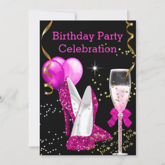 Hot Pink Gold Glitter Balloons Birthday Party Invitation