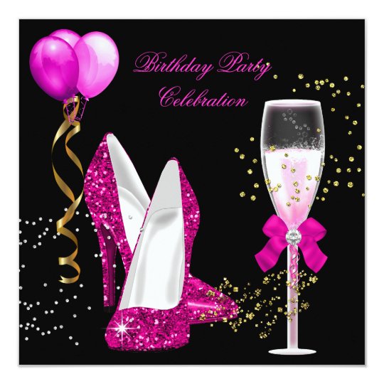 Hot Pink Gold Glitter Black Birthday Party Card