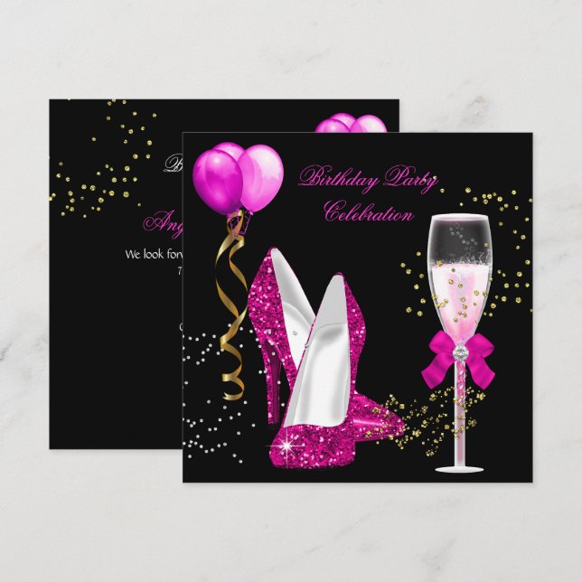 Hot Pink Gold Glitter Black Birthday Party Invitation (Front/Back)