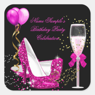Hot Pink Gold Glitter Black Birthday Party Square Sticker