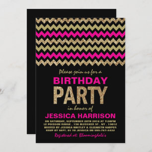 Hot Pink & Gold Glitter Chevron Birthday Party Invitation