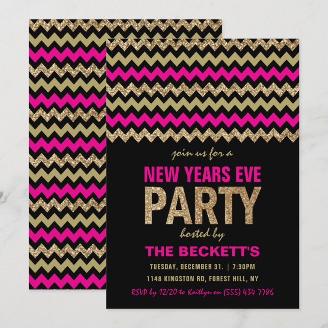 Hot Pink & Gold Glitter Chevron New Years Party Invitation (Front/Back)