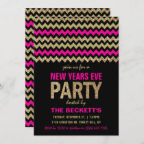 Hot Pink & Gold Glitter Chevron New Years Party Invitation