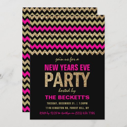 Hot Pink  Gold Glitter Chevron New Years Party Invitation