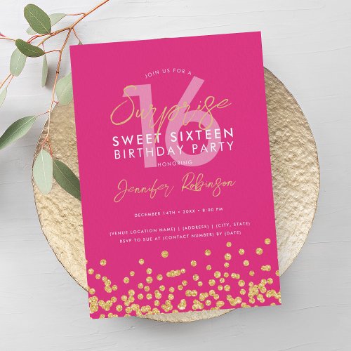 Hot Pink Gold Glitter Confetti Surprise Sweet 16  Invitation