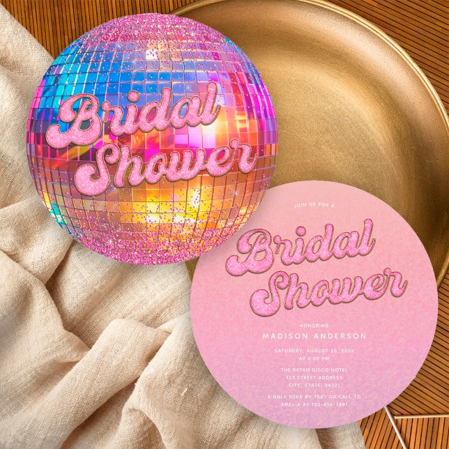 Hot Pink Gold Glitter Disco Ball Bridal Shower Invitation (Creator Uploaded)