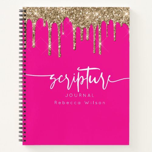 Hot pink gold glitter dripping custom scripture notebook