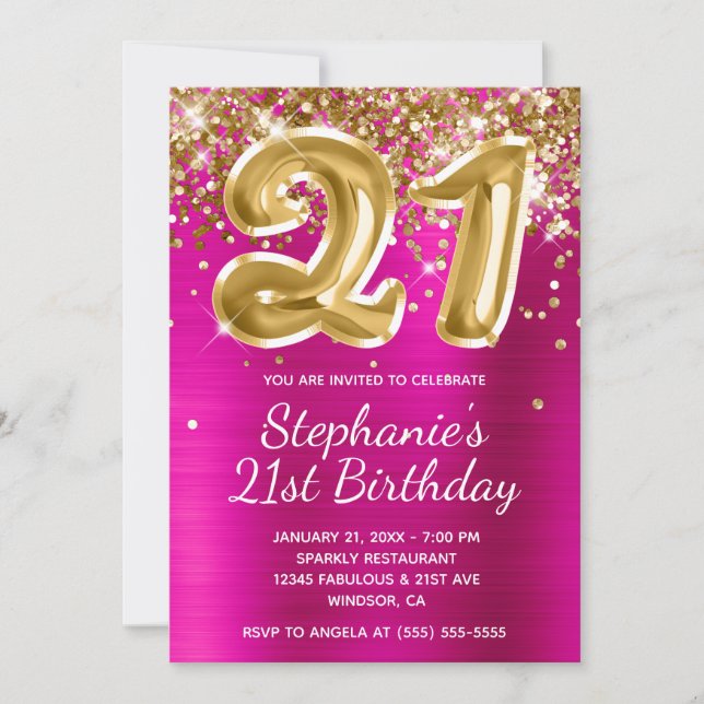 Hot Pink Gold Glitter Foil Balloon 21st Birthday Invitation (Front)