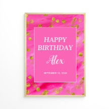 Hot Pink Gold Glitter Happy Birthday Name Date