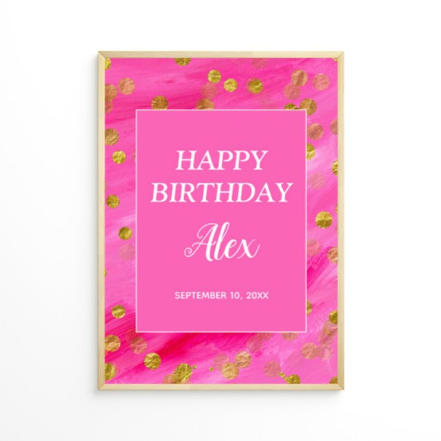 Hot Pink Gold Glitter Happy Birthday Name Date Poster (Pink and gold glitter custom birthday party poster)