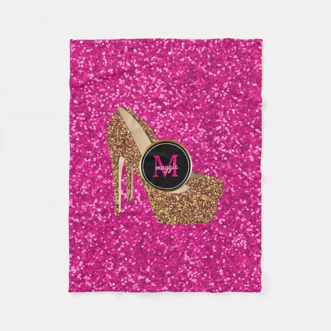 Hot Pink Gold Glitter High Heels Shoes Monogram Fleece Blanket (Front)