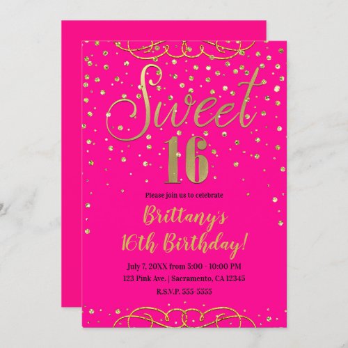 Hot Pink  Gold Glitter Modern Sweet 16 Party Invitation