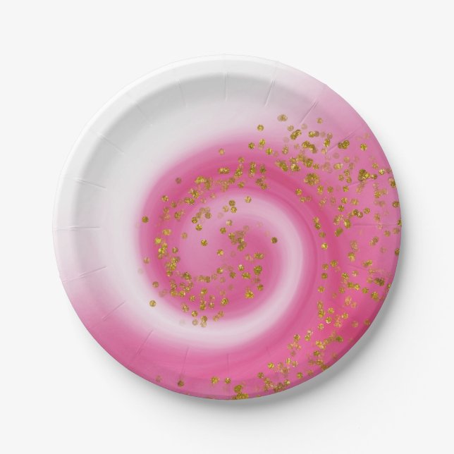 Hot Pink & Gold Glitter Ombre Kids Birthday Party Paper Plates (Front)