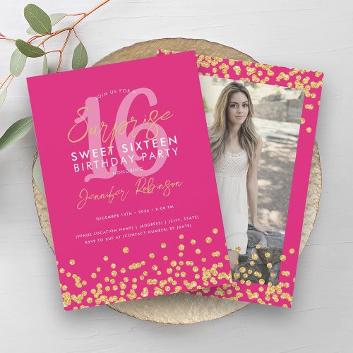 Hot Pink Gold Glitter Photo Surprise Sweet 16  Invitation