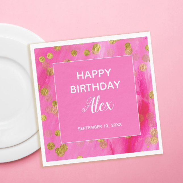 Hot Pink Gold Glitter Surprise Birthday Party  Napkins (Hot pink and gold glitter birthday party paper napkins)