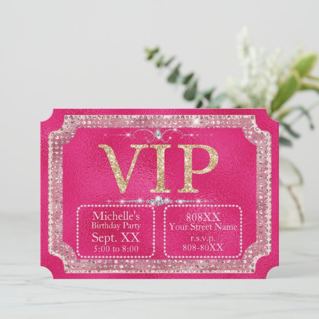 Hot Pink & Gold Glitter VIP Ticket Invitation (Standing Front)