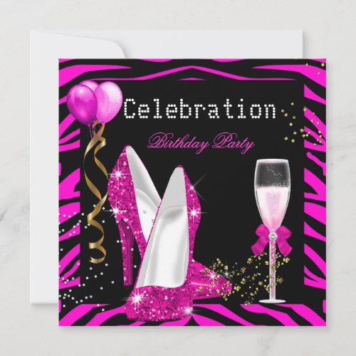 Hot Pink Gold Glitter Zebra Black Birthday Party 3 Invitation