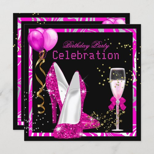 Hot Pink Gold Glitter Zebra Black Birthday Party Invitation