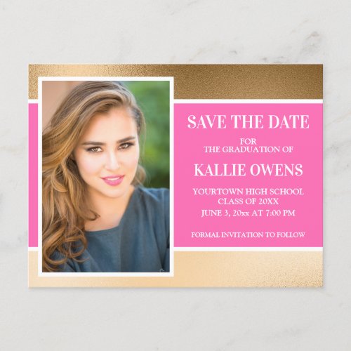 Hot Pink Gold Graduation Save the Date Photo Announcement Postcard