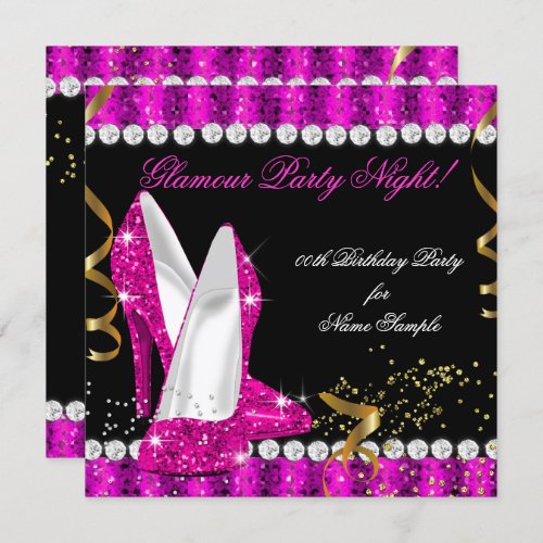 Hot Pink Gold Heels Glitter Glamour Party Night Invitation