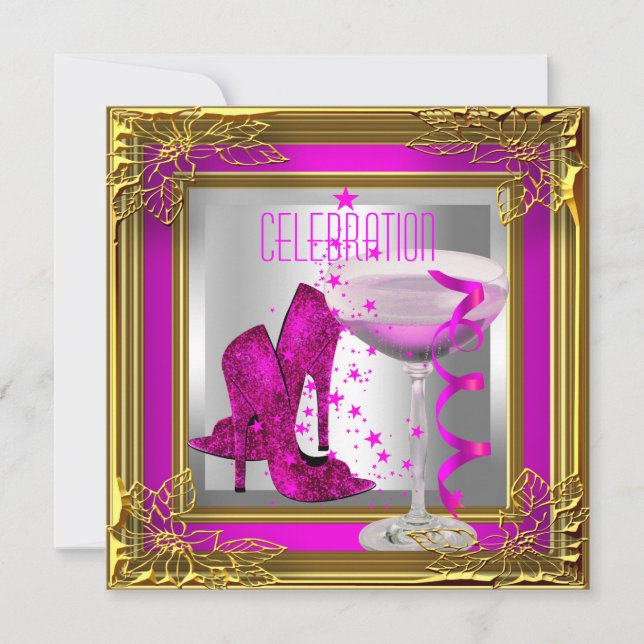 Hot Pink Gold High Heel Shoes Champagne Invitation (Front)