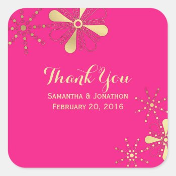 Hot Pink & Gold Indian Inspired Thank You Square Sticker by prettypicture at Zazzle