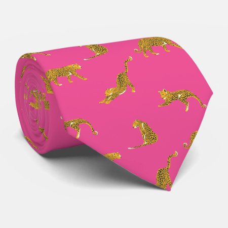 Hot Pink Gold Leopard  Neck Tie