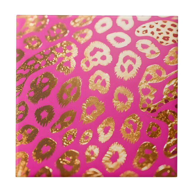 Hot Pink Gold Leopard Print Glam Ceramic Tile (Front)