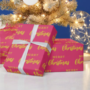 Hot Pink Gold Merry Christmas Script Pattern Wrapping Paper