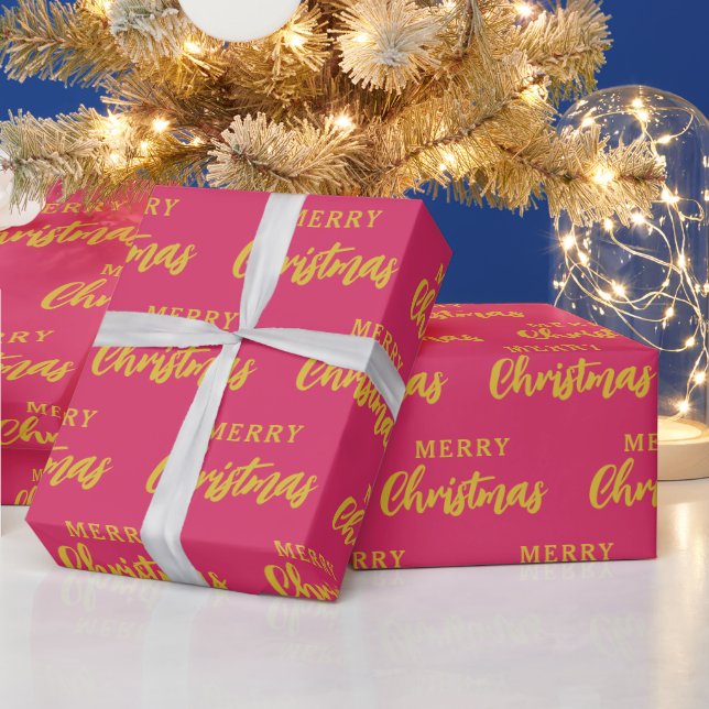Hot Pink Gold Merry Christmas Script Pattern Wrapping Paper (Holidays)