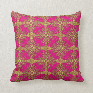 Hot Pink Gold Mix Vintage Floral Damask Throw Pillow