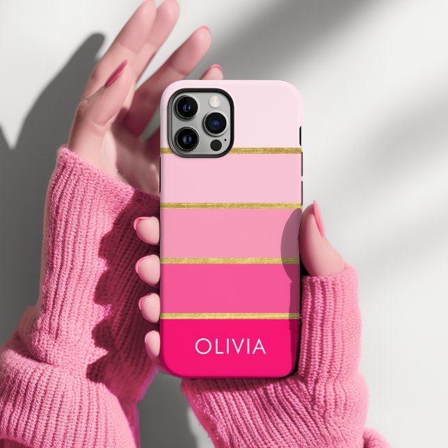 Hot Pink & Gold Modern Case-Mate iPhone Case (Personalized pink an gold stripe phone case)