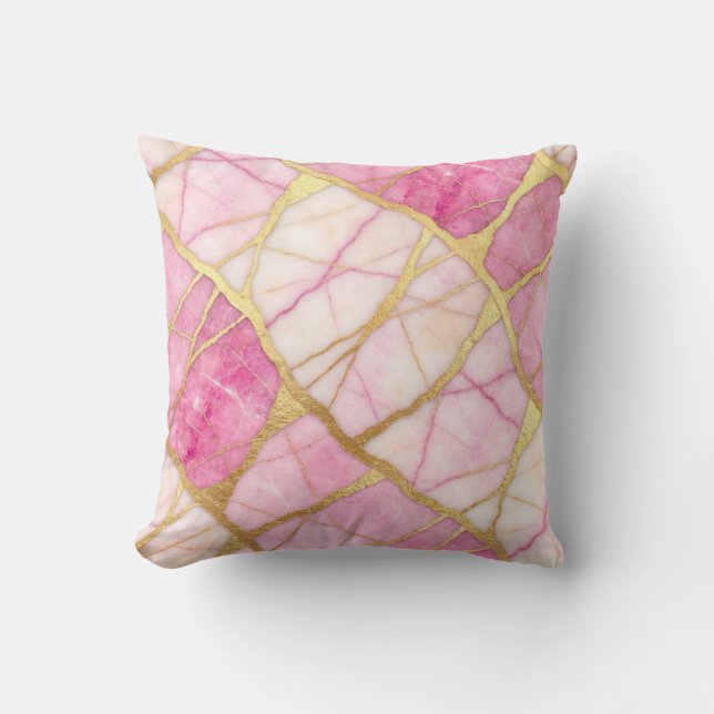 Hot Pink + Gold Modern Luxury Marble Throw Pillow (Front)