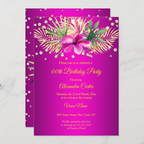 Hot pink gold palms floral Birthday Party Invitation