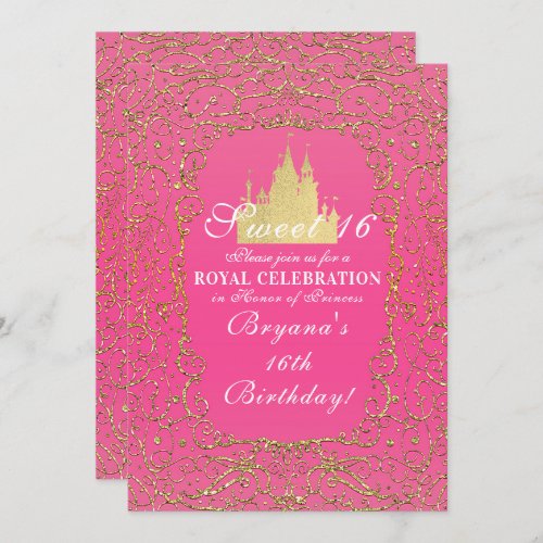 Hot Pink  Gold Royal Castle Princess Sweet 16 Invitation