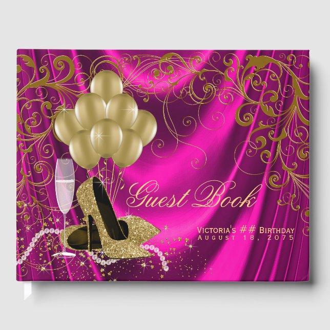 Hot Pink Gold Shoes Womans Birthday Guest Book (Front)
